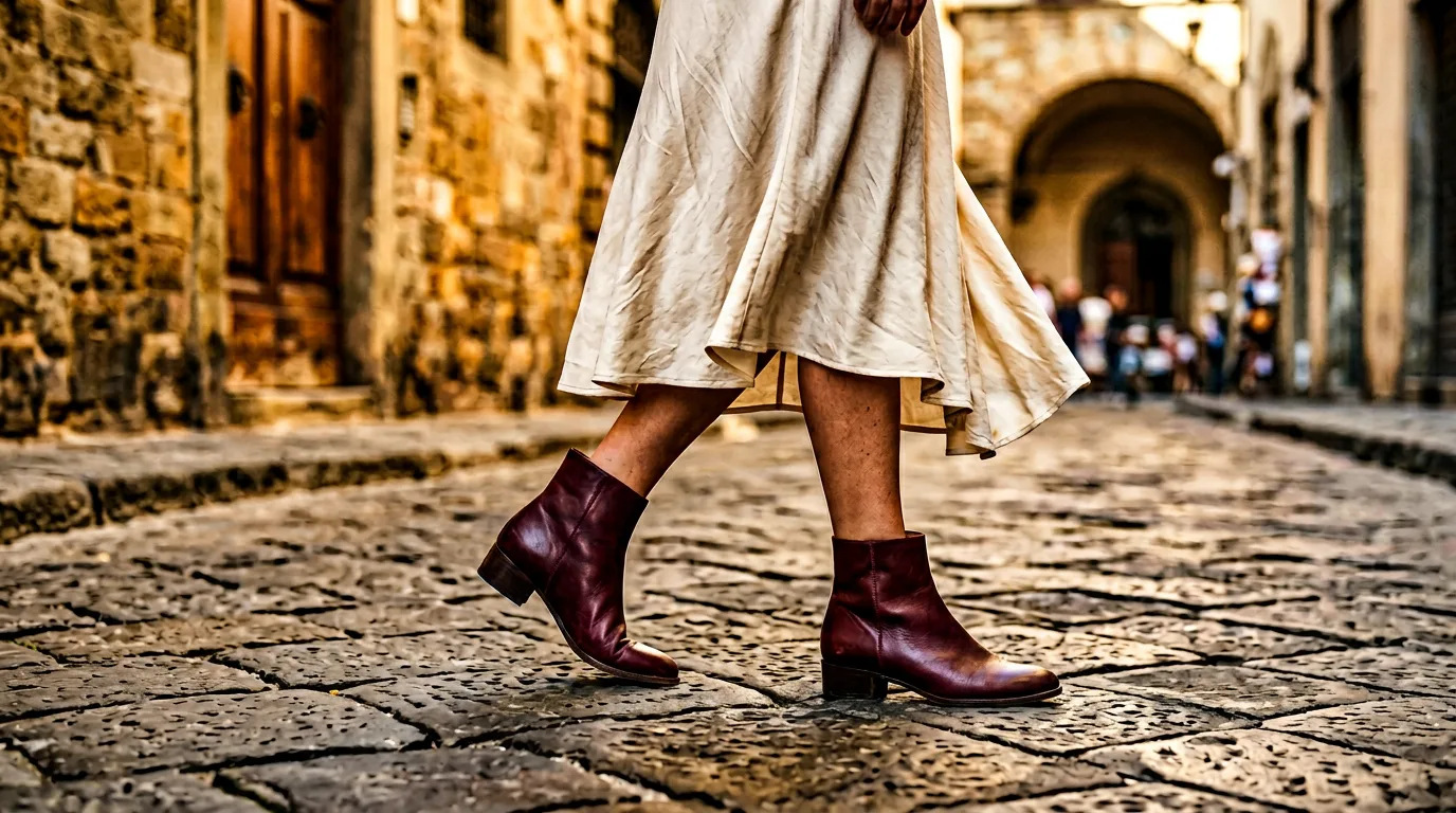 Femme élégante portant des chaussures italiennes The Flexx dans une rue pavée toscane