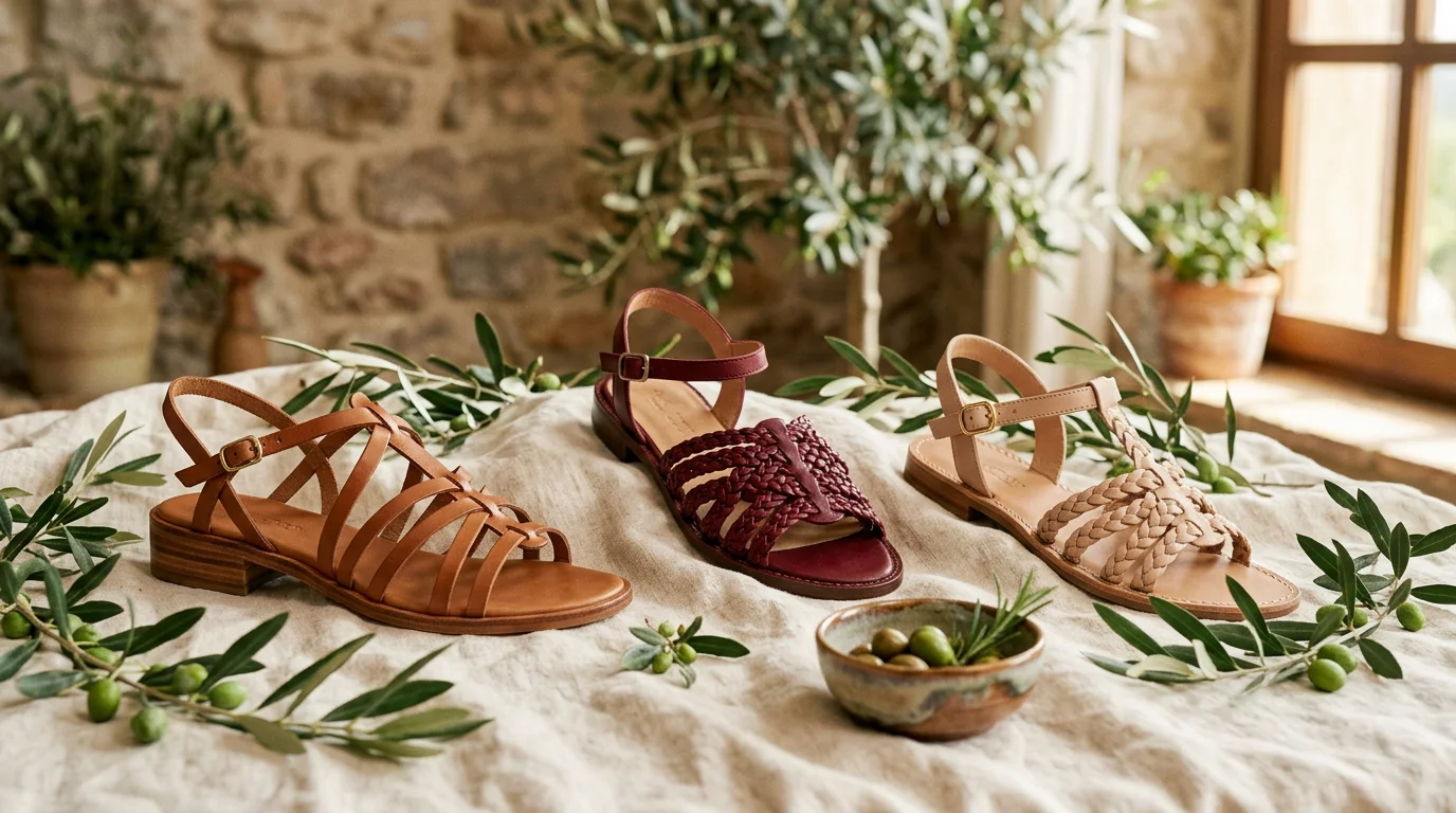 Sandales The Flexx en cuir souple posées sur terrasse toscane